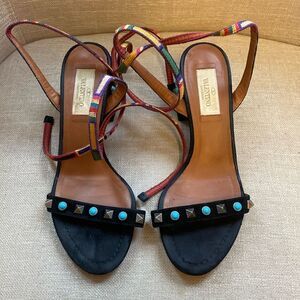 Valentino Black Suede Multicolored Rockstud Sandals 👡